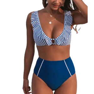 Cupshe Women's Blue and White Striped High Waisted Bikini Size XL NWT